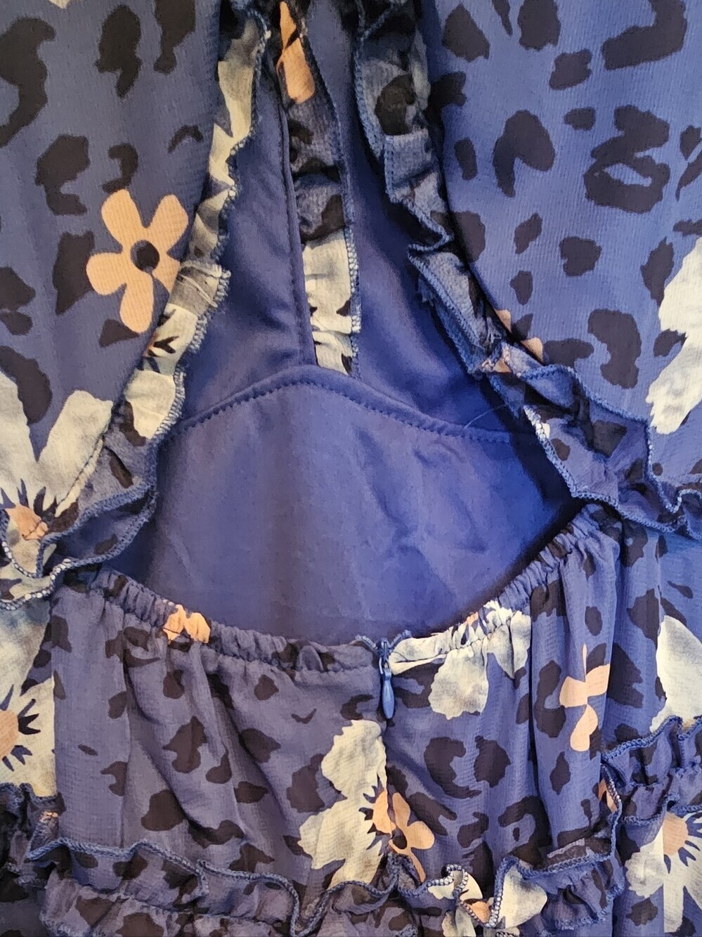 NWT XL Blue Floral Leopard Ruffle Tiered Open Back Dress - Picture 4 of 10